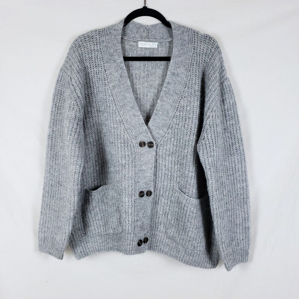 Primark Cares Grandpa Cardigan Ribbed Womens L Gray Cozy Pockets Slouchy